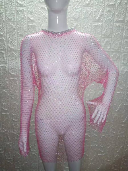 Rhinestone Fishnet Long Sleeve Dress 1071