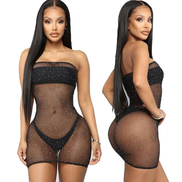 Strapless Mesh Dress with Rhinestones