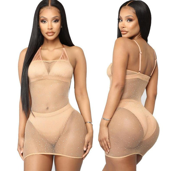Strapless Mesh Dress with Rhinestones