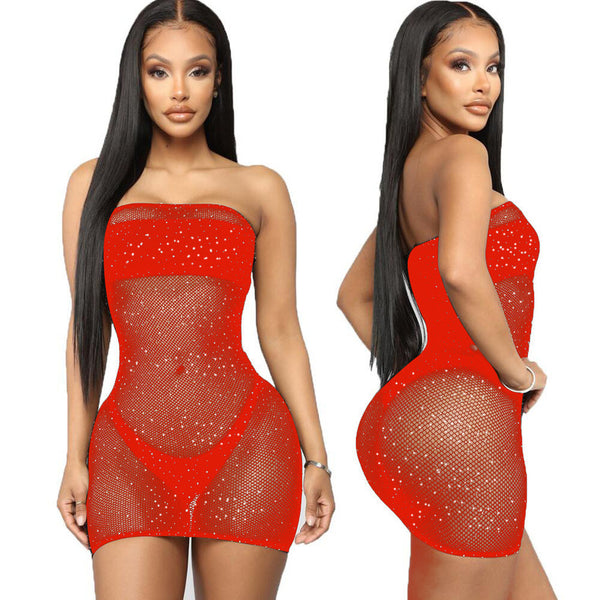 Strapless Mesh Dress with Rhinestones