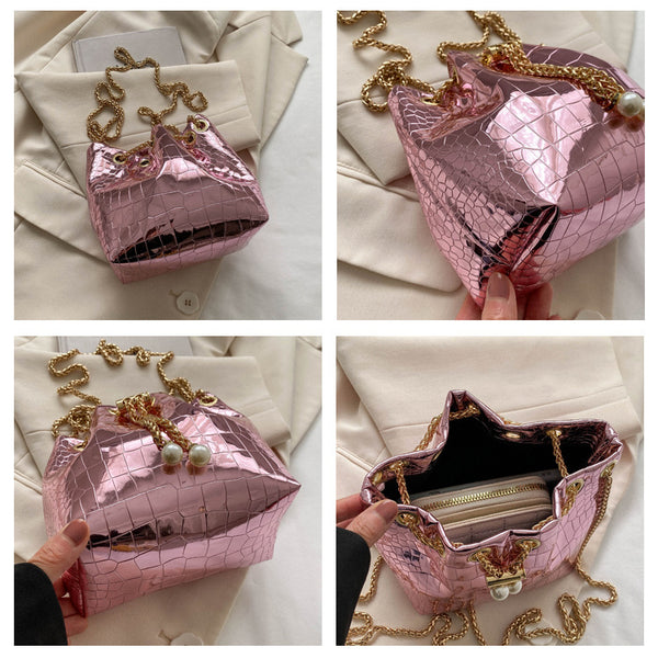 Metallic Drawstring Pouch With Pearls