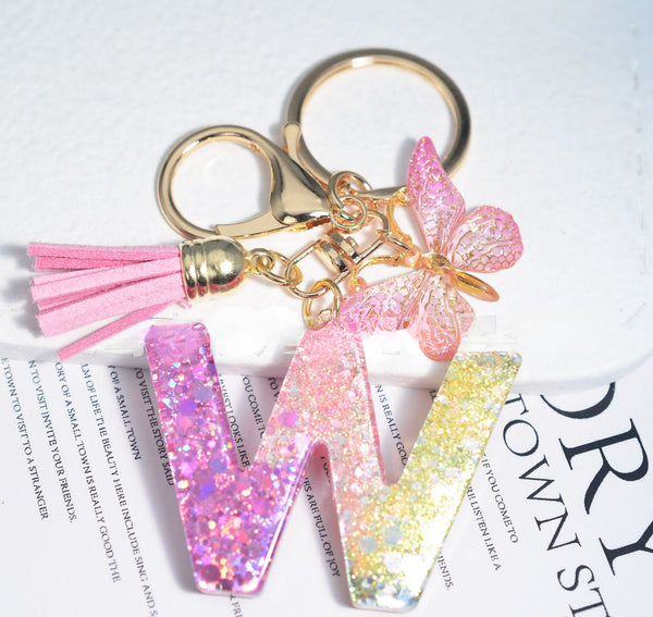 Resin Initial Key Chain With Butterfly