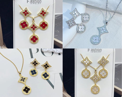 Colored Four Leaf Clover Earrings And Chain Set