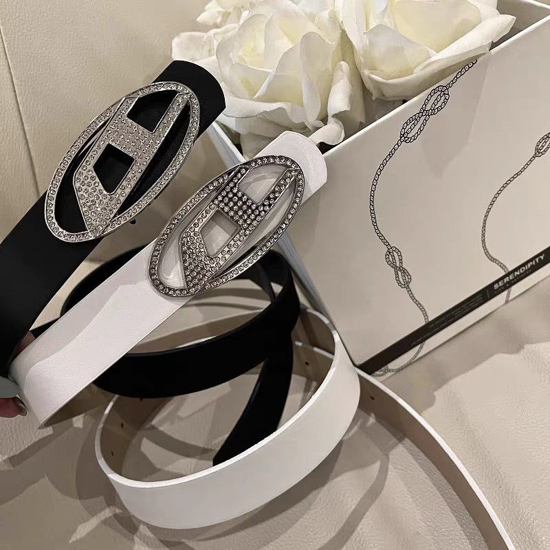D Rhinestone Buckle Leather Belt