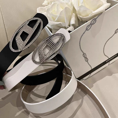 D Rhinestone Buckle Leather Belt