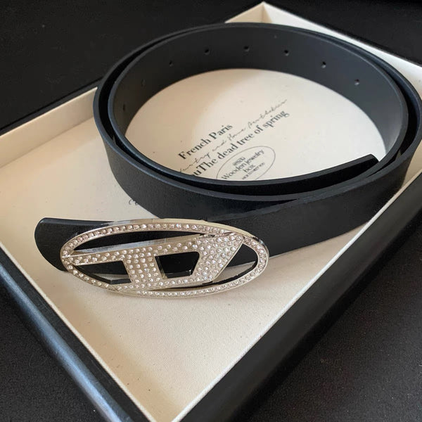 D Rhinestone Buckle Leather Belt