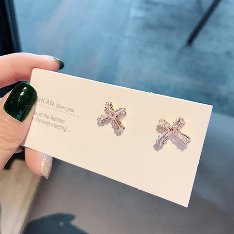 Exquisite Zircon Cross-Shaped Silver Earrings