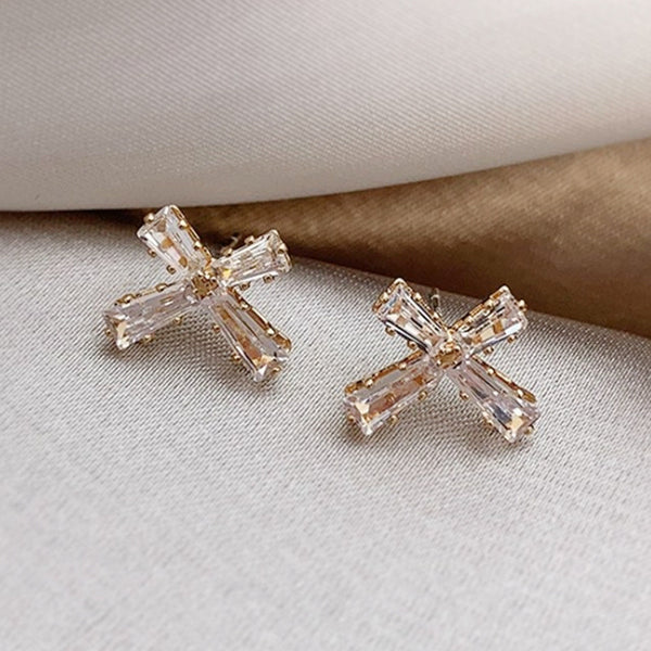 Exquisite Zircon Cross-Shaped Silver Earrings