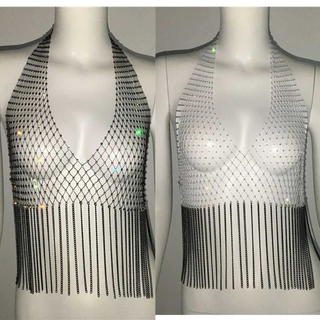 Rhinestone Fishnet Halter With Fringe