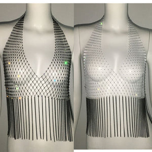 Rhinestone Fishnet Halter With Fringe