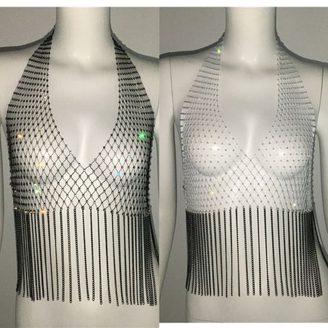 Rhinestone Fishnet Halter With Fringe