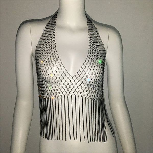 Rhinestone Fishnet Halter With Fringe
