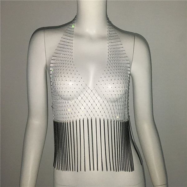 Rhinestone Fishnet Halter With Fringe