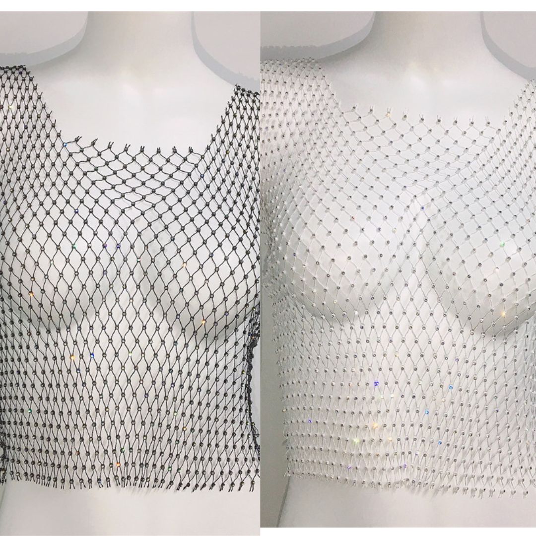 Rhinestone Fishnet Square Neck Vest