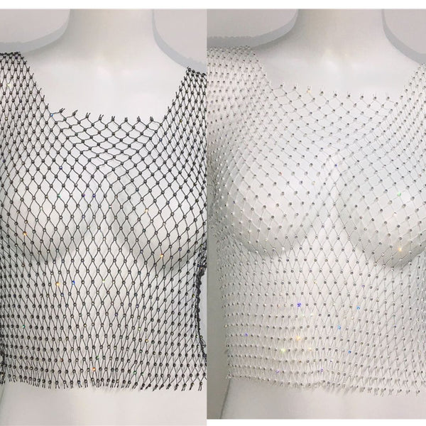 Rhinestone Fishnet Square Neck Vest