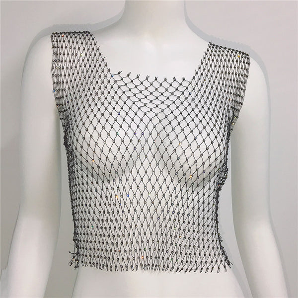 Rhinestone Fishnet Square Neck Vest