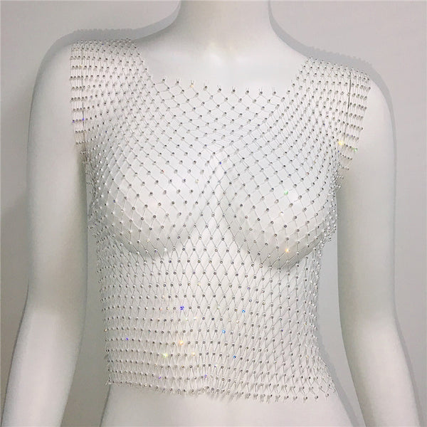 Rhinestone Fishnet Square Neck Vest