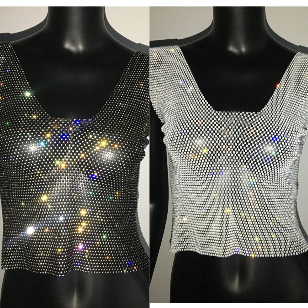 Rhinestone Fishnet Square Neck Vest