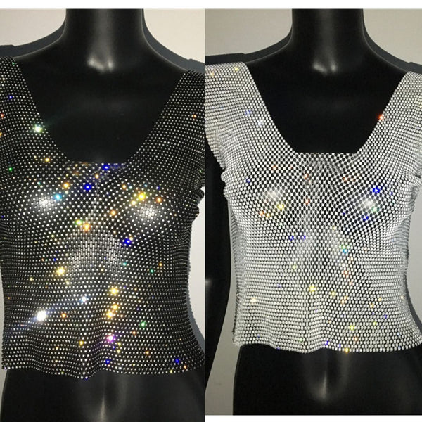 Rhinestone Fishnet Square Neck Vest
