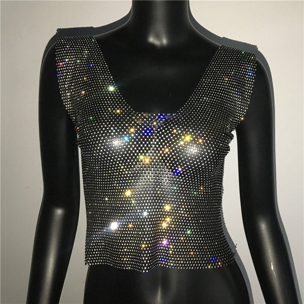 Rhinestone Fishnet Square Neck Vest