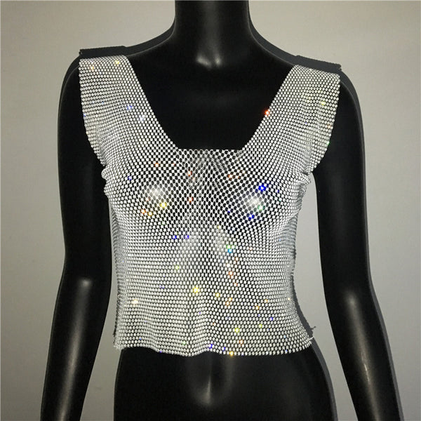Rhinestone Fishnet Square Neck Vest