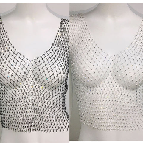 Rhinestone Fishnet V-Neck Tank