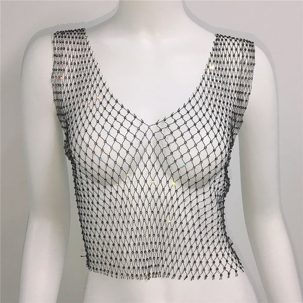 Rhinestone Fishnet V-Neck Tank
