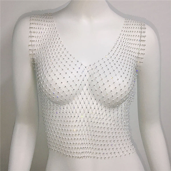 Rhinestone Fishnet V-Neck Tank
