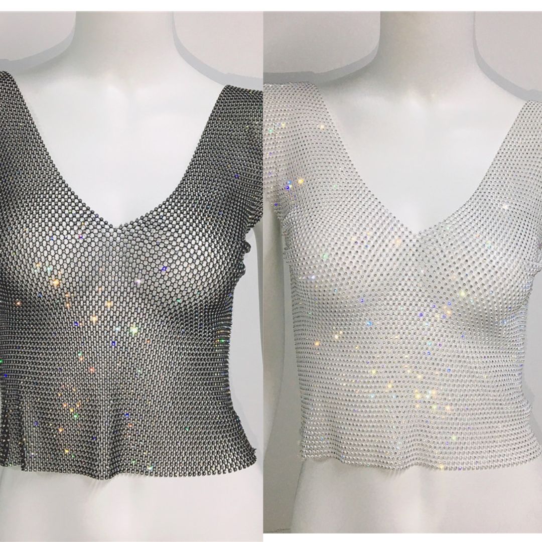 Rhinestone Fishnet V-Neck Tank