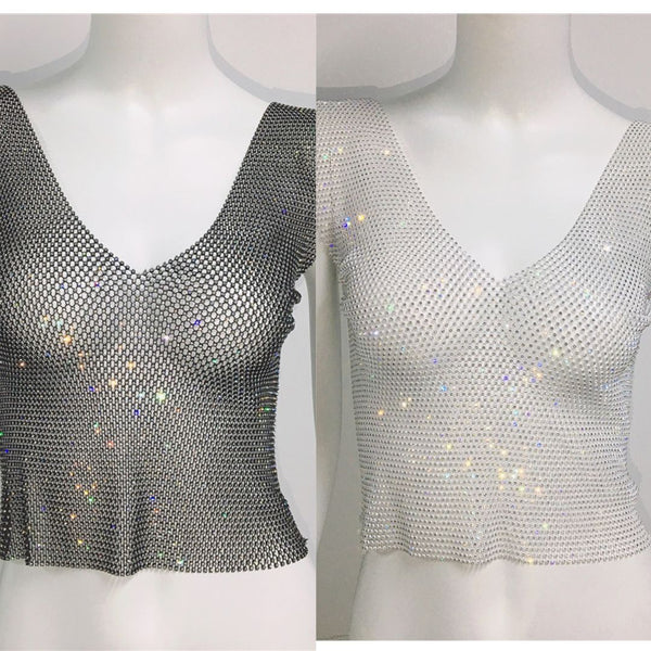 Rhinestone Fishnet V-Neck Tank