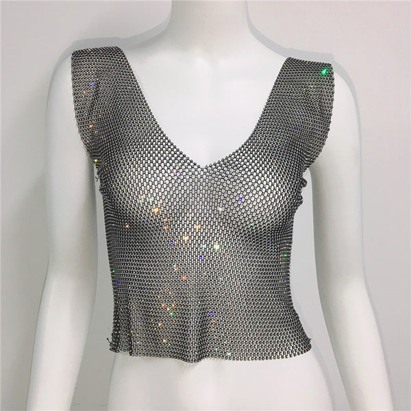 Rhinestone Fishnet V-Neck Tank