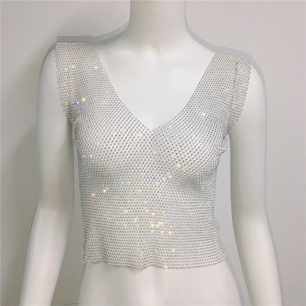Rhinestone Fishnet V-Neck Tank