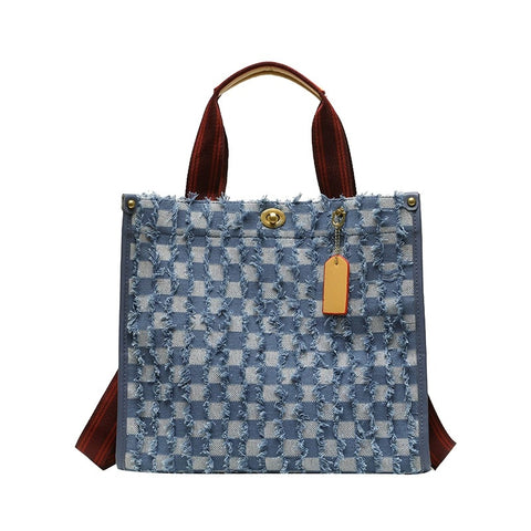 Large Checkered Denim Tote Bag