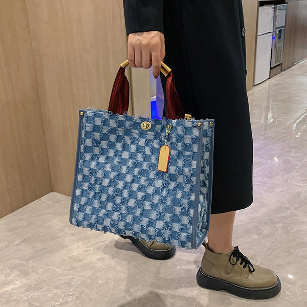 Large Checkered Denim Tote Bag