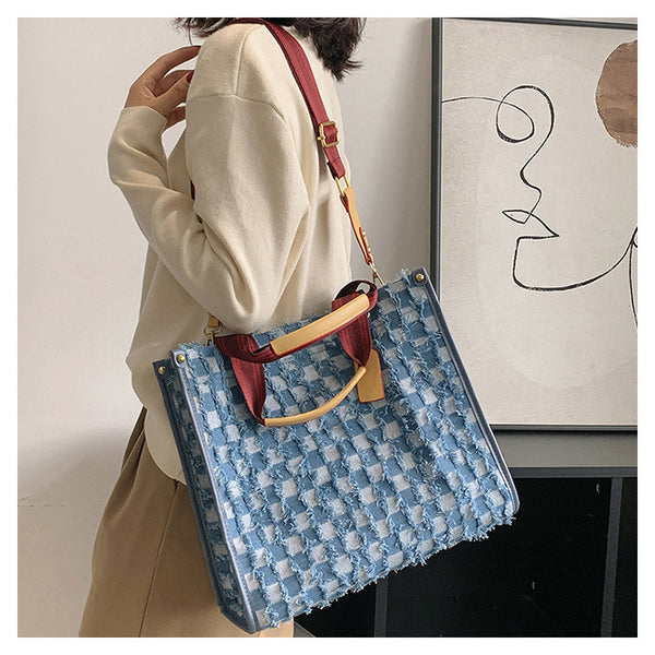 Large Checkered Denim Tote Bag