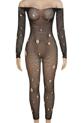 Off Shoulder Fishnet Jumpsuit With Holes