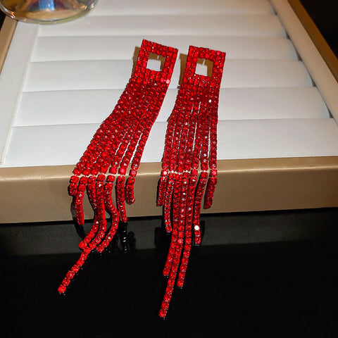Red Color Diamond Tassel Earrings
