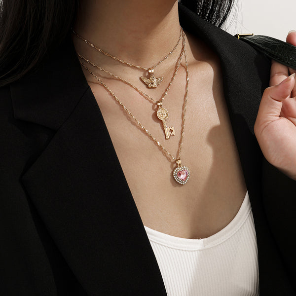 Layered Key & Heart Necklace