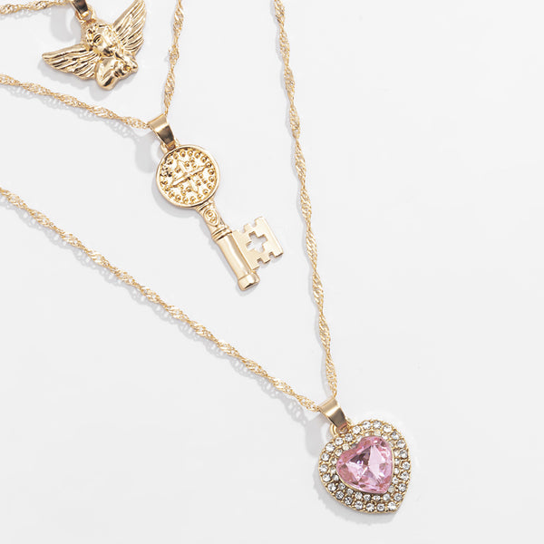 Layered Key & Heart Necklace
