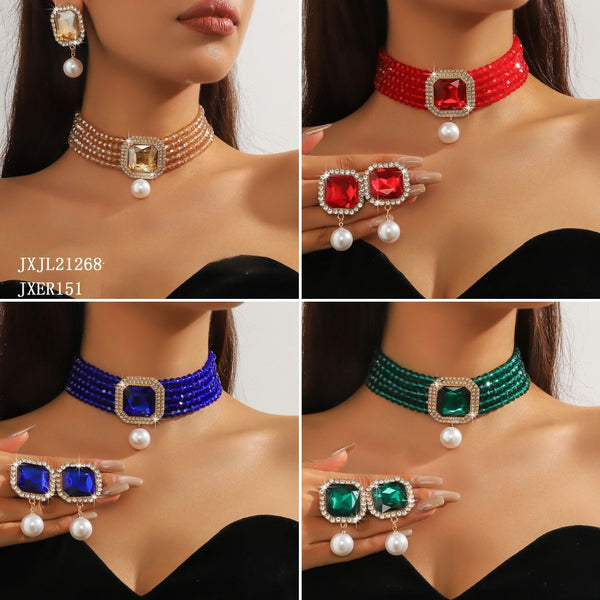 Multi Layer Crystal Glass Chocker Necklace With Pearl