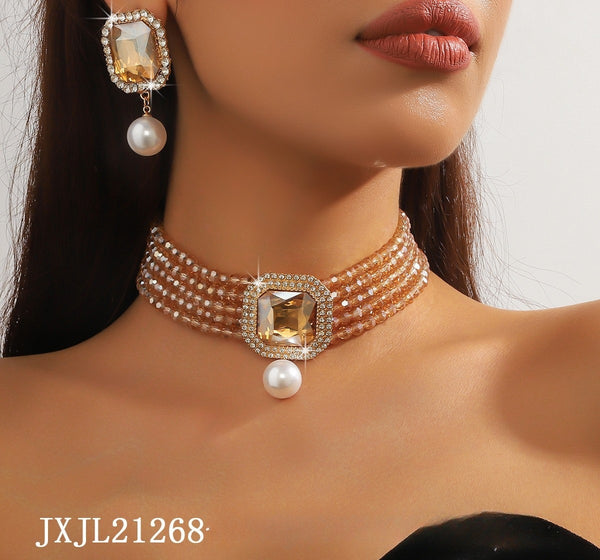 Multi Layer Crystal Glass Chocker Necklace With Pearl