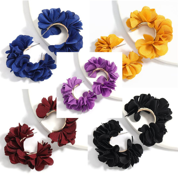 C Shaped Alloy Fabric Flower Earrings