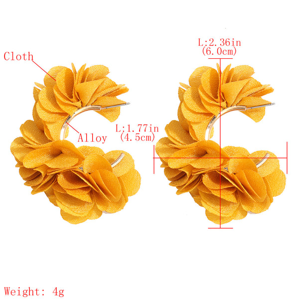 C Shaped Alloy Fabric Flower Earrings