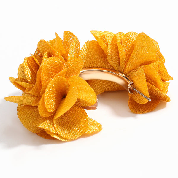C Shaped Alloy Fabric Flower Earrings