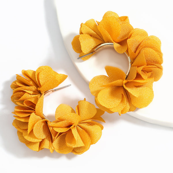 C Shaped Alloy Fabric Flower Earrings