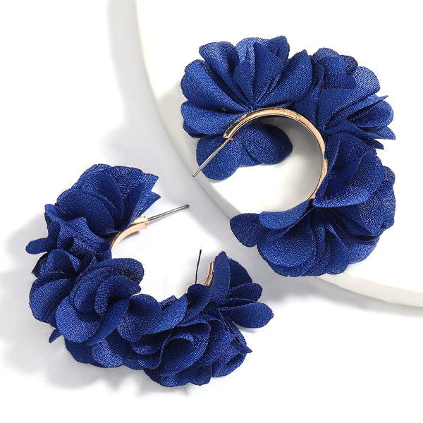 C Shaped Alloy Fabric Flower Earrings