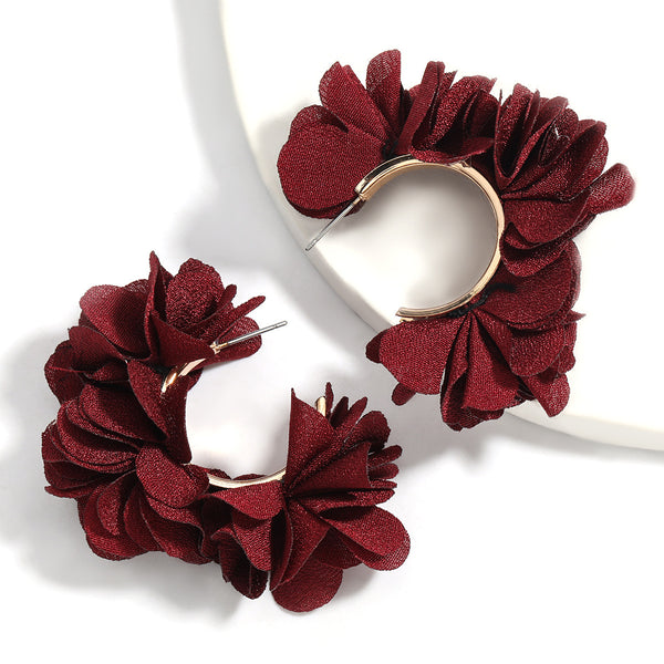 C Shaped Alloy Fabric Flower Earrings