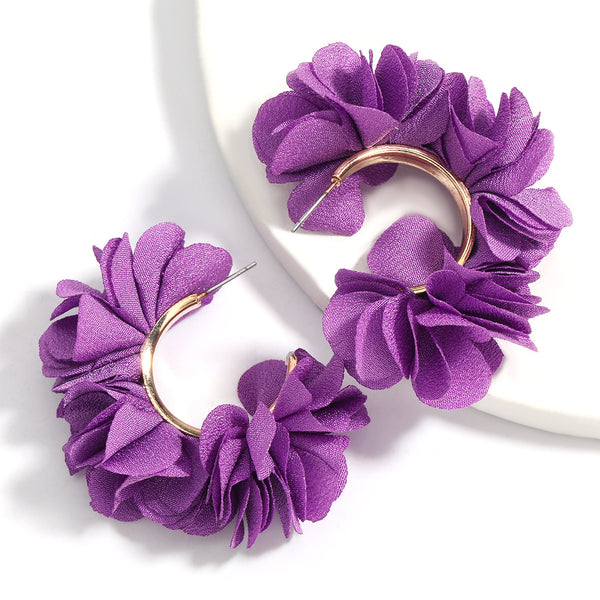 C Shaped Alloy Fabric Flower Earrings