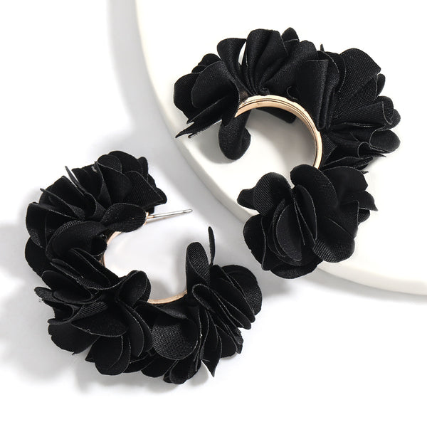 C Shaped Alloy Fabric Flower Earrings