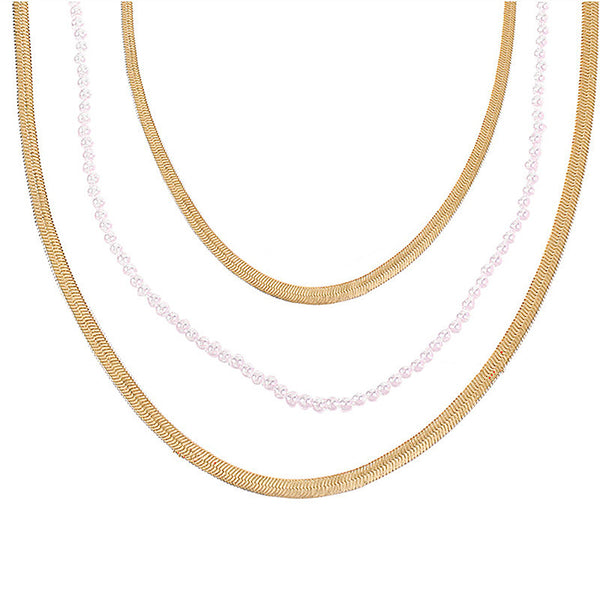 3 Layered Pearl and Metal Silver Necklace